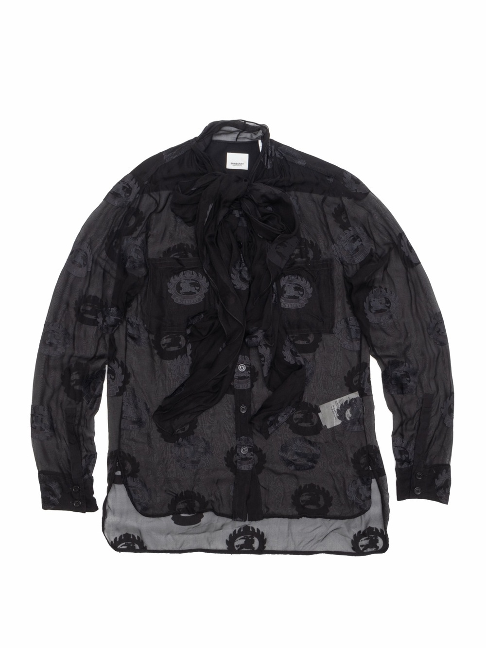 $1.9K BURBERRY Equestrian Knight Logo Silk Chiffon Blouse Black IT44 US10